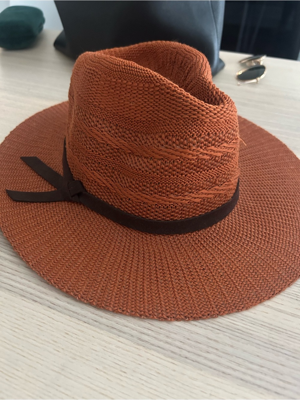 Nordstrom Wide Brim Woven Fedora Hat - Rust with Brown Band